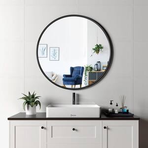 28 in. W x 28 in. H Round Framed Wall Mount Bathroom Vanity Mirror in Black