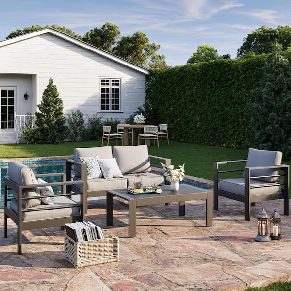 4-Piece Aluminium 4-Seat Outdoor Patio Conversation Set with Light Gray Cushions