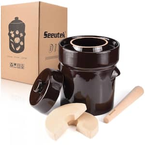 Brown Fermentation Crock Jar 5-Liter/1.3 Gallon - Stoneware Pot for Fermenting, Pickling Kimchi with Wooden Stick