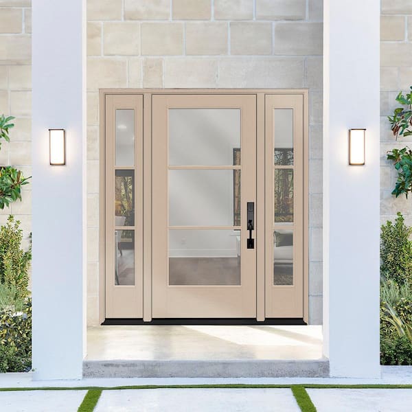 Legacy 68 in. x 80 in. Icon 3-Lite Modern ClearGlass LHIS Sandstn Mahogany Fiberglass Prehung Front Door Dbl 14 in. SL