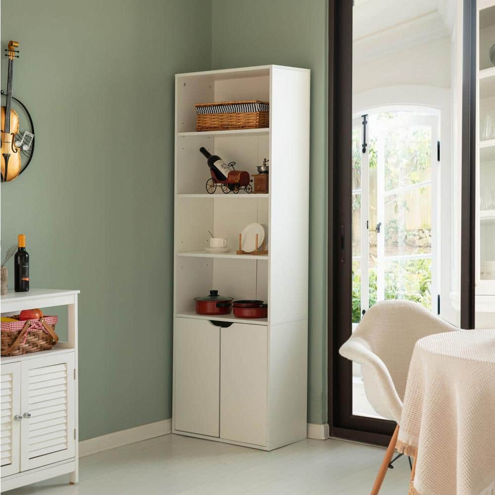 White 71" Adjustable Wood Bookcase with Doors