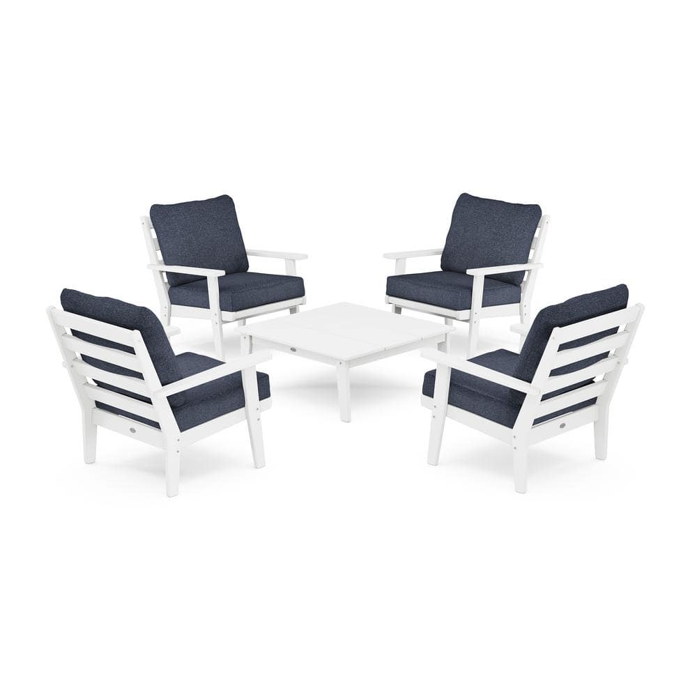 POLYWOOD Grant Park 5-Piece White Plastic Conversation Set With Stone Blue Cushions -  PWS5412WH145994