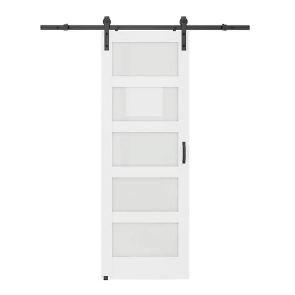 ARK DESIGN 30 in. x 84 in. 5 Lite Tempered Frosted Glass White Primed MDF Wodd Sliding Barn Door with Hardware Kit and Soft Close
