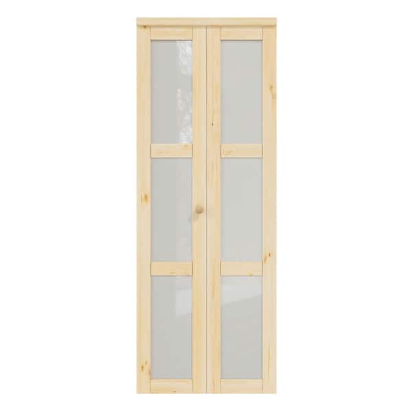 30 in. x 80 in. 3-Lite Frosted Glass Solid Core Unfinished Pine Glass Interior Closet Bi-fold Door with Hardware