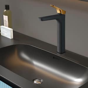 Single Hole Single-Handle Vessel Bathroom Faucet in Matte Black with Brushed Gold Handle