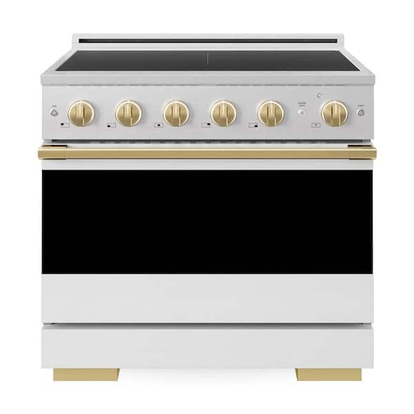 Autograph 36 in. 5.2 cu. ft. Marino Freestanding Induction Range in Satin Steel with Gold Accents and White Door