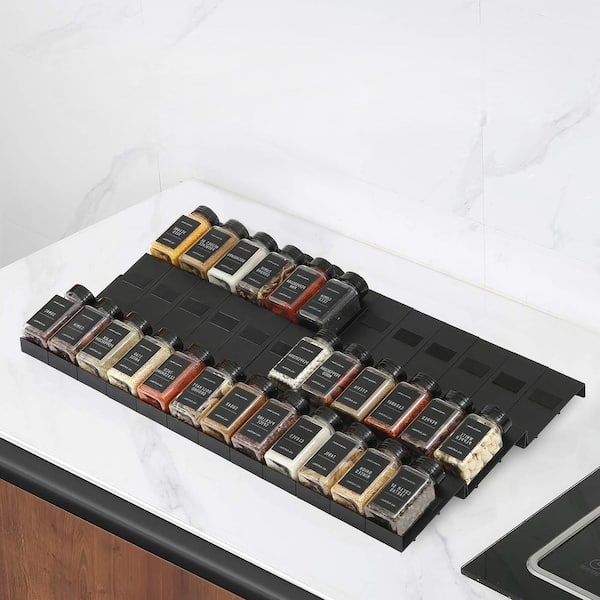 36-Piece Interlocking Expandable Black Spice Rack for Kitchen Drawers, Seasoning Rack, Spice Drawer Organizer