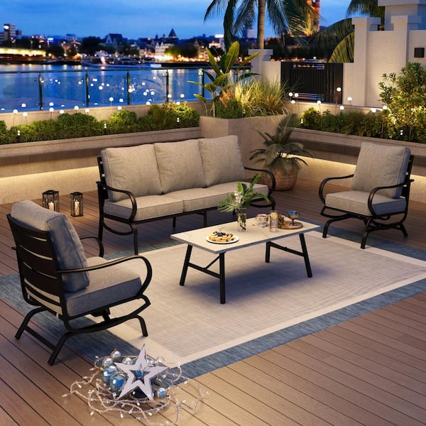 PHI VILLA Metal 5 Seat 4-Piece Steel Outdoor Patio Conversation Set With Rocking Chairs, Gray Cushions, Marble Pattern Table
