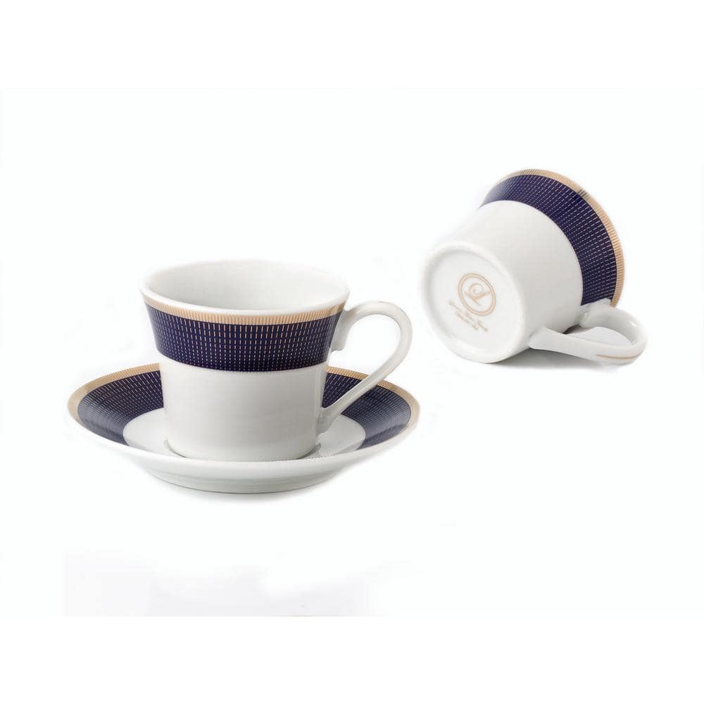 Elegant Blue and Gold Ceramic Espresso Cup and Saucer Set