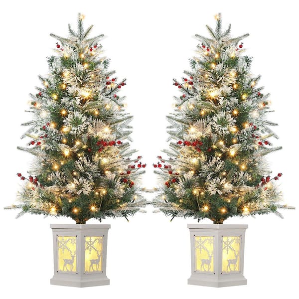 3 FT Pre-Lit Christmas Tree with Elk Potted Base, Artificial Christmas Trees with 78 Led Lights for Home Decor, 2 PCS