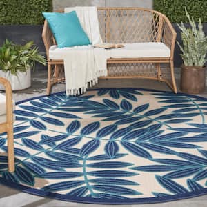 Aloha Navy 8 ft. x 8 ft. Round Floral Contemporary Indoor/Outdoor Patio Area Rug