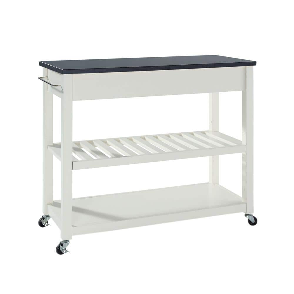 White Granite Top Kitchen Cart with Wine Rack and Storage