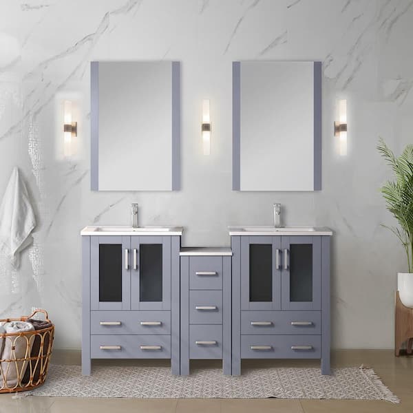Lexora Volez 60 in. W x 18 in. D x 34 in. H Double Sink Bath Vanity in Dark Grey with White Ceramic Top and Mirror