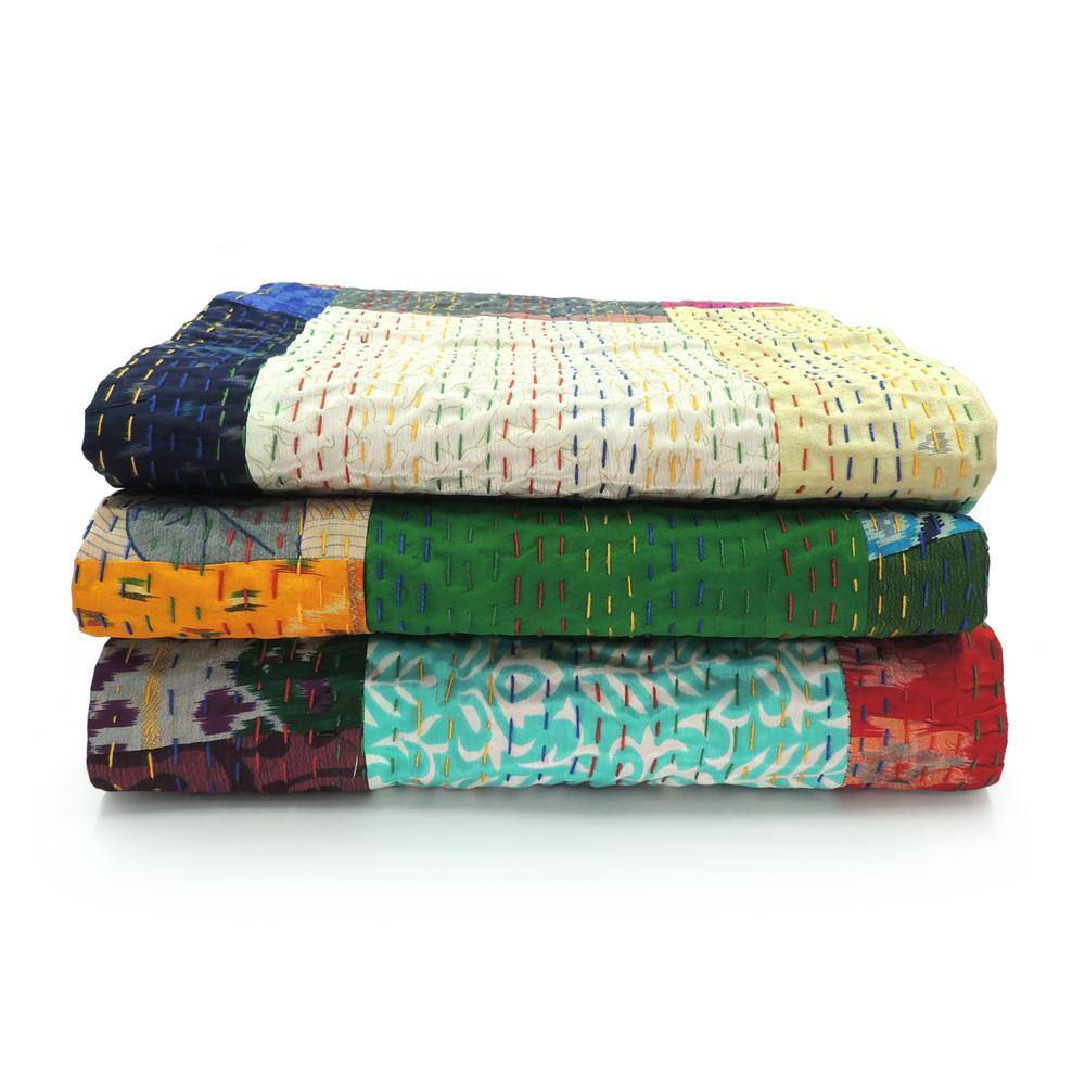 Multicolor Cotton and Silk Patchwork Throw Blanket