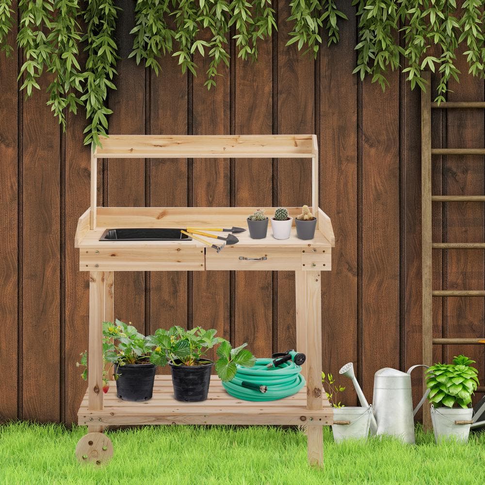 Natural Wood Potting Bench with Sink, Drawer, and Wheels