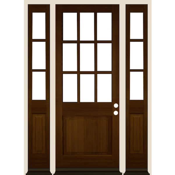 Krosswood Doors 64 in. x 96 in. Farmhouse 9-Lite Clear Glass Left Hand Provincial Stain Hemlock Wood Prehung Front Door w/ DSL