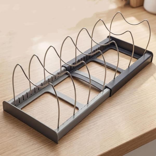 Grey Adjustable Drawer Organizer with Expandable Pan Storage and 7 Stainless Steel Dividers for Heavy Cookware