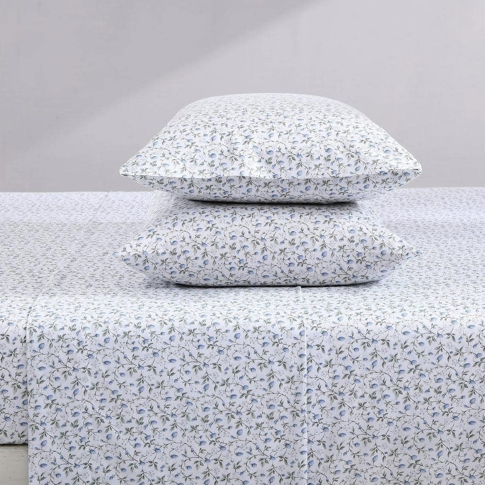 Blue Floral Print Cotton Queen Sheet Set