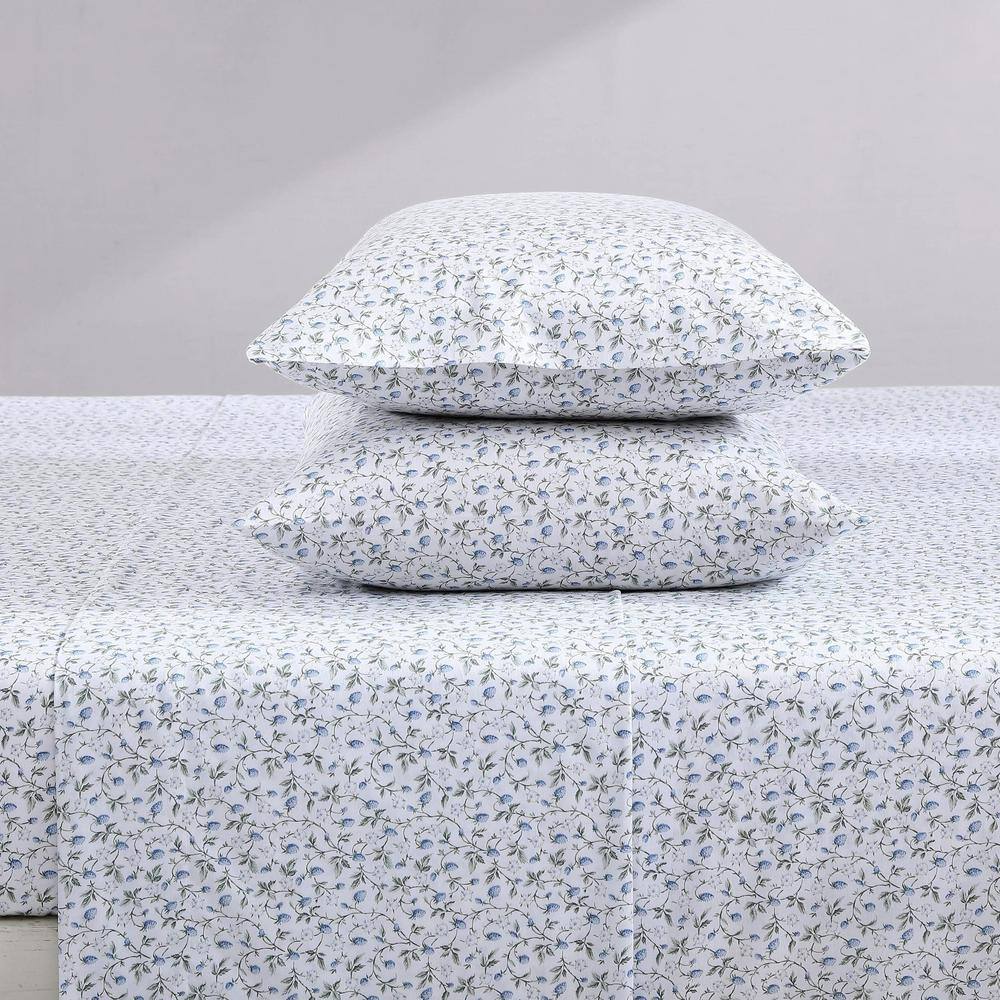 King Blue Cotton Sateen Floral Print Sheet Set