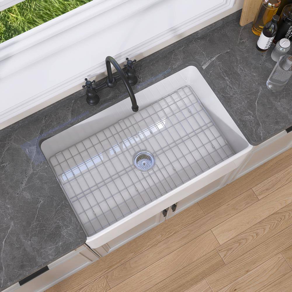 White Fireclay Single Bowl Farmhouse Kitchen Sink with Grid