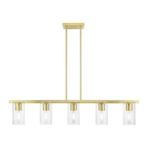Clarion 5-Light Satin Brass Linear Chandelier with Clear Glass