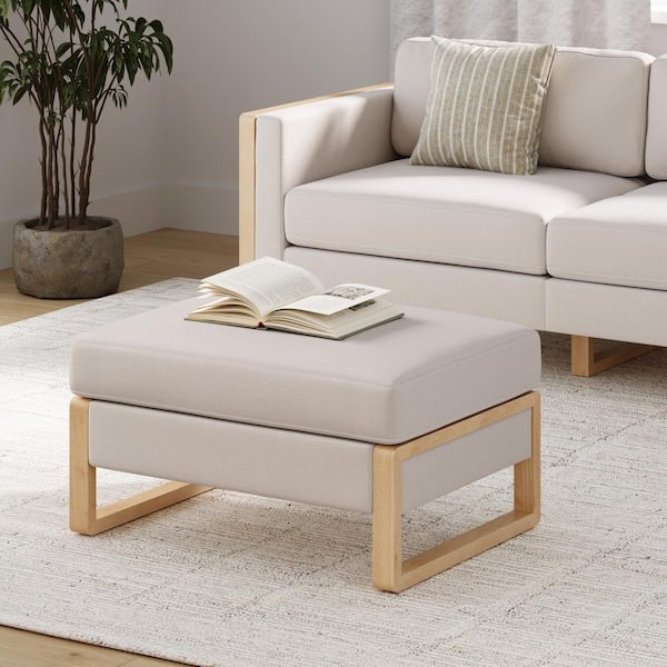 Madison Upholstered Ottoman with Bisque Linen Cushion and White Oak Solid Wood Legs, Square Storage Ottoman