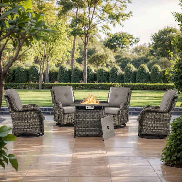Gray 5-Piece Wicker Outdoor Dining Set with Olefin Gray Cushions Fire Pit Sets with Swivel Gliders for Patio
