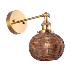 Arti 6.7 in. 1-Light Natural Rattan Brass Gold Wall Sconce Lighting Fixture with Swing Arm