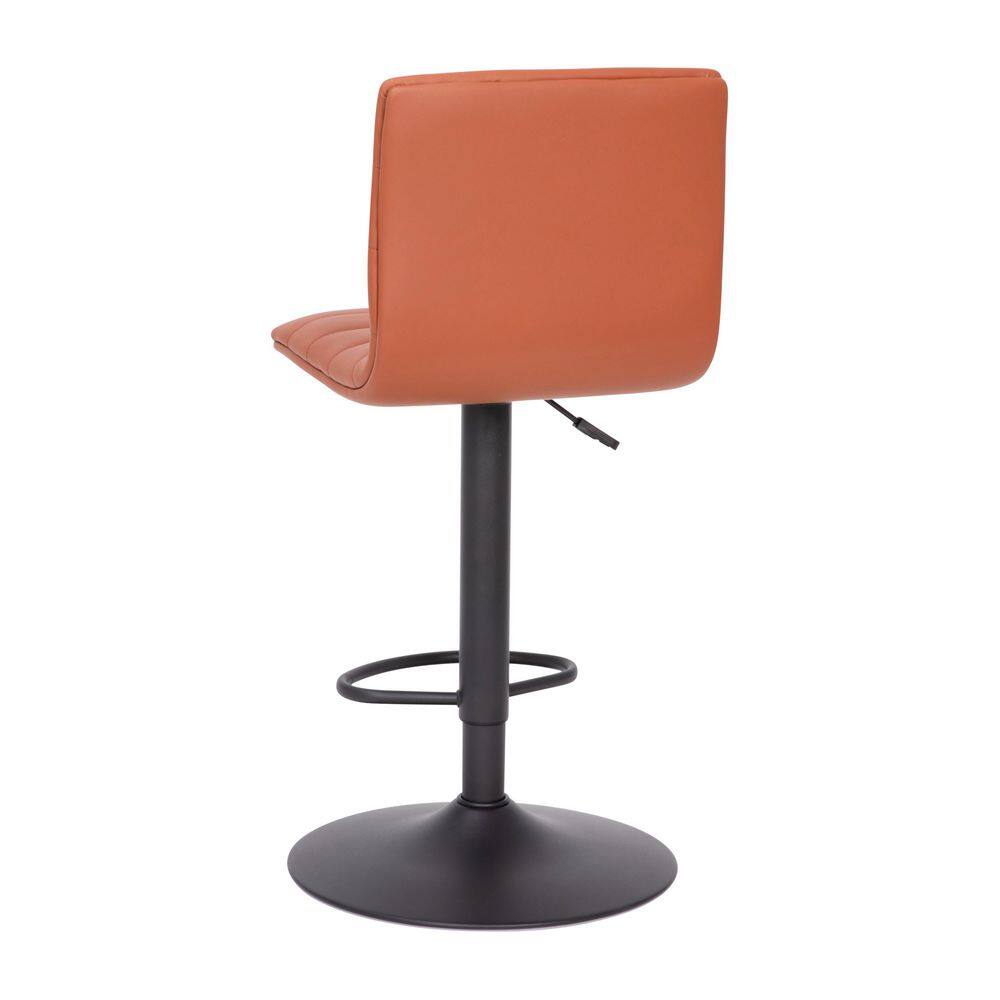 Cognac vinyl bar stool with black metal frame, back view.