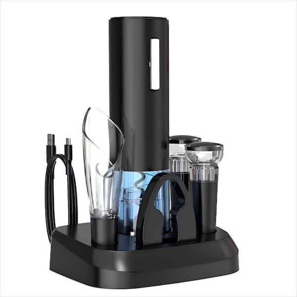 Wudkey Electric Wine Bottle Opener with 2-in-1 Aerator, Charging Base, Foil Cutter and 2 Vacuum Preservation Stoppers, Black