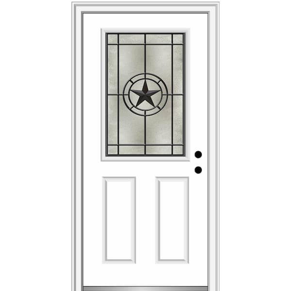 MMI Door Elegant Star 32 in. x 80 in. Left-Hand 1/2 Lite Decorative Glass Brilliant White Painted Fiberglass Prehung Front Door