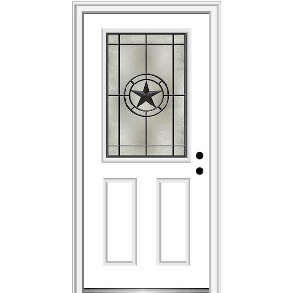 MMI DOOR Elegant Star 32 in. x 80 in. 2-Panel Left-Hand/Inswing 1/2 Lite Decorative Glass Primed Fiberglass Prehung Front Door