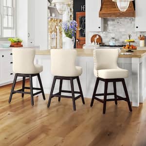 Hampton 26 in. Off-White Solid Wood Frame Counter Stool with Back Linen Fabric Upholstered Swivel Bar Stool Set of 3