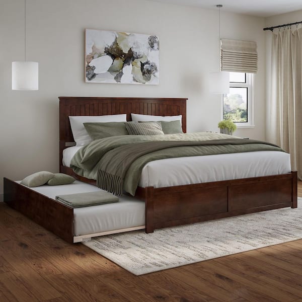 Nantucket Walnut Brown Solid Wood Frame King Platform Bed with Footboard and Twin XL Trundle