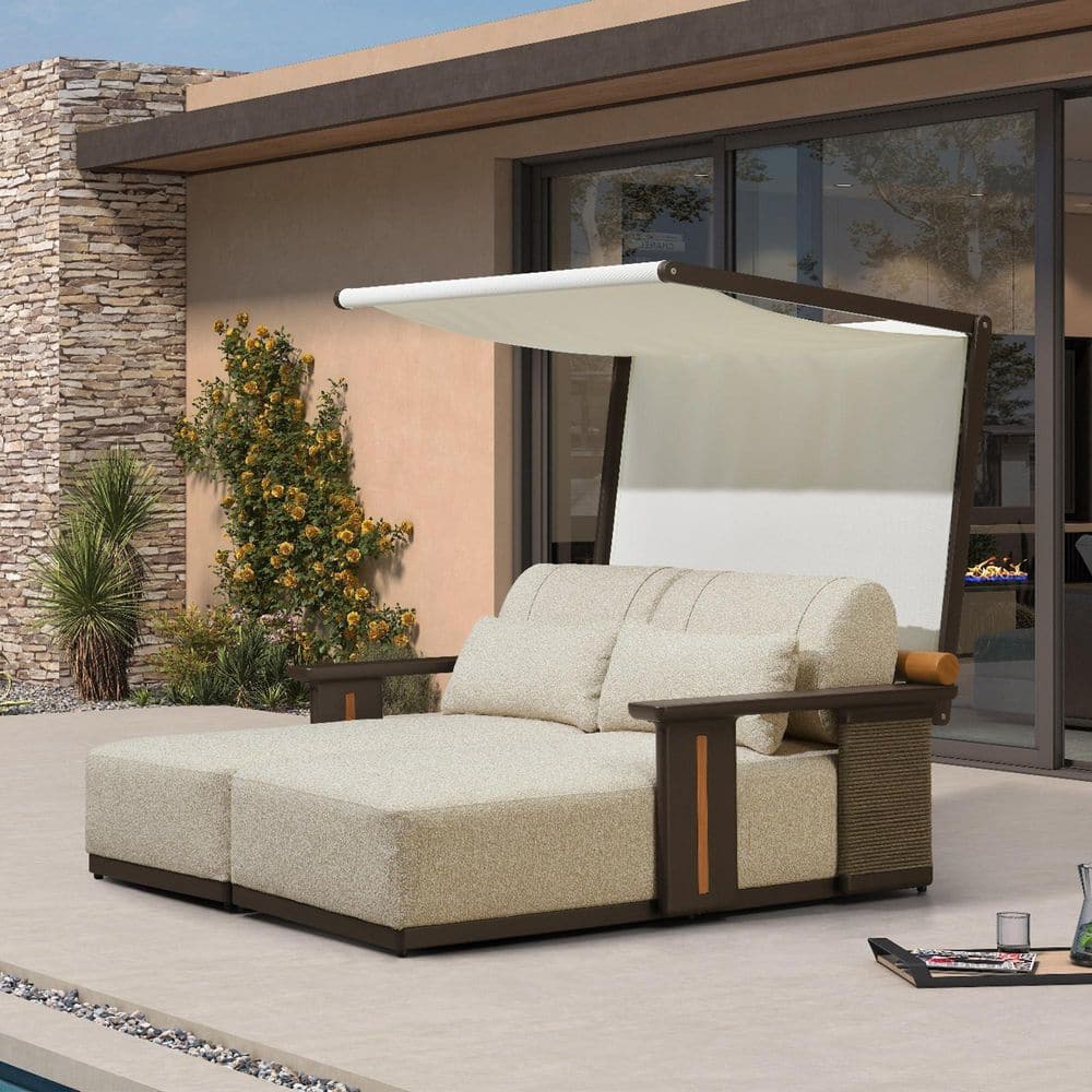 2-Person Aluminum Bronze Outdoor Day Bed with Beige Cushions and Pillows Outdoor Chaise Lounge with Textilene Canpoy