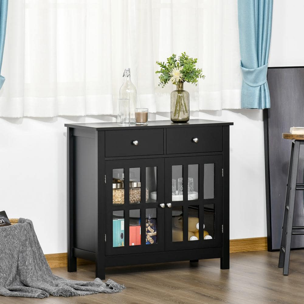 Black Wood Sideboard Buffet Cabinet with Glass Doors