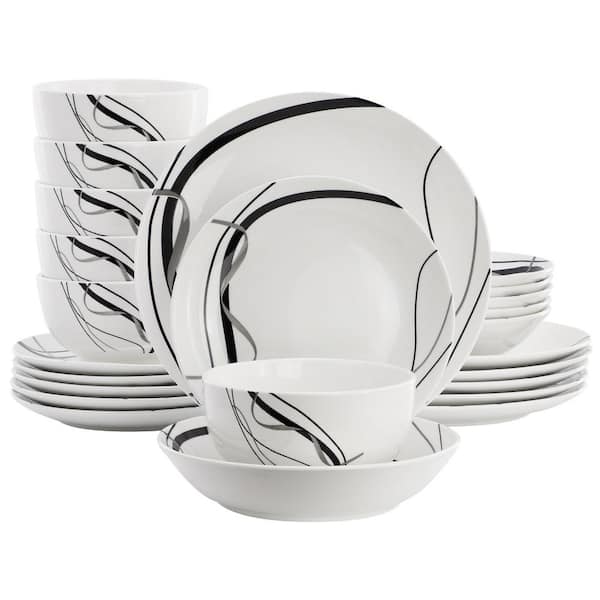 Sarah 24-Piece Porcelain Black Ribbon Double Bowl Dinnerware Set, Service for 6 in White and Black