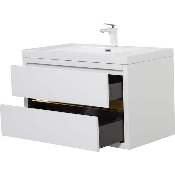 36 in. Single Sink Floating White Bath Vanity with White Resin Top (Assembled), Stone Resin Countertop, Water-Resistant