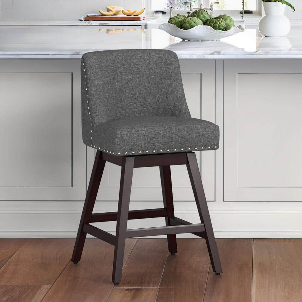 cozyman Hampton 26 in. Solid Wood Charcoal Gray Swivel Bar Stools with ...