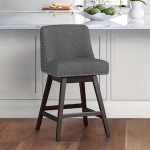 Hampton 26 in. Solid Wood Charcoal Gray Swivel Bar Stools with Back Linen Fabric Upholstered Counter Bar stool Set of 1