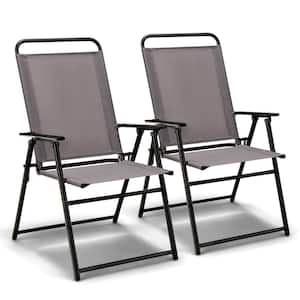 Patio Folding Sling Chairs Outdoor Dining Chair Armrest Backrest Portable Set of 2