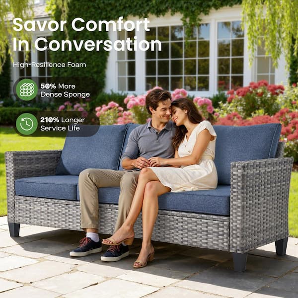 New Vultros Gray 7-Piece Wicker Outdoor Patio Conversation Seating Set with Blue Cushions