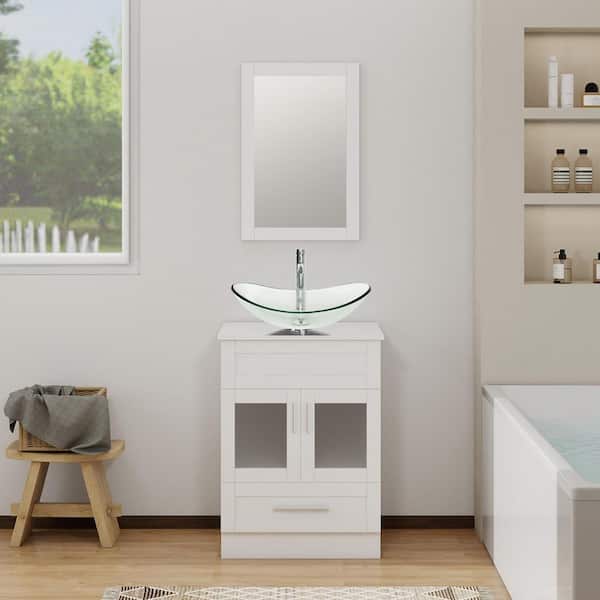 24 in. W x 19 in. D x 33 in. H Single Sink White Bath Vanity with Silver Solid Surface Top Sink and Mirror