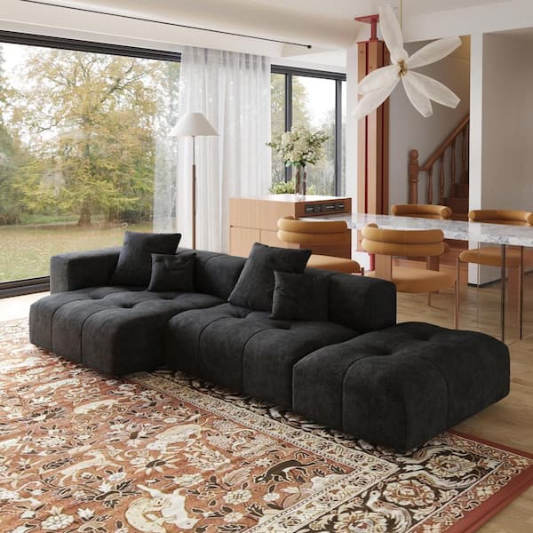 119.27 in. Square Arm 3-Piece Linen Convertible Modular Free Combination Sectional Sofa with Chaise in Black