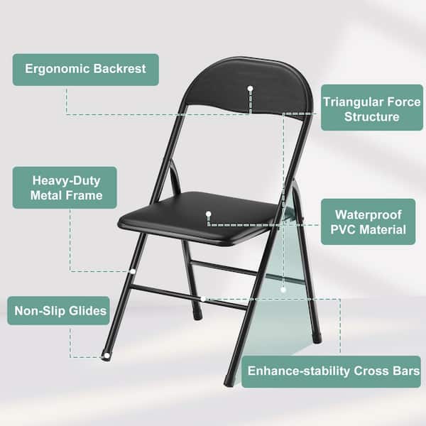 6 Pack Padded Folding Chairs, Metal Portable Stackable Chairs with Soft Faux Leather Seat for Home, Office, Black