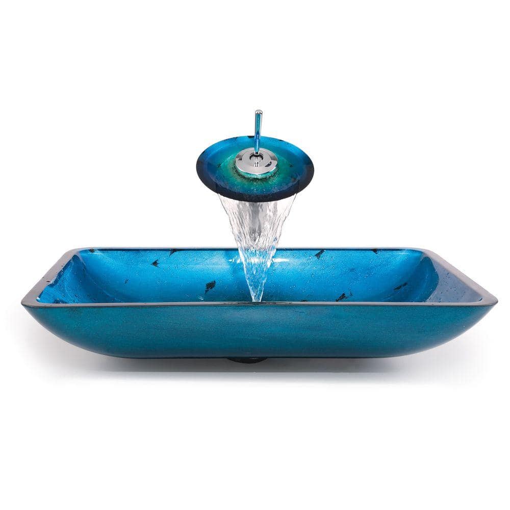 Irruption Blue Rectangular Glass Vessel Bathroom Sink with Satin Nickel Drain