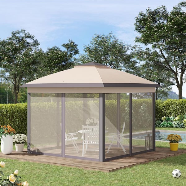 Unbranded Instant Gazebo Sun Shelter 11 ft. x 11 ft. Pop Up Canopy Tent with Netting, Carry Bag for Parties Outdoor, Garden, Beige