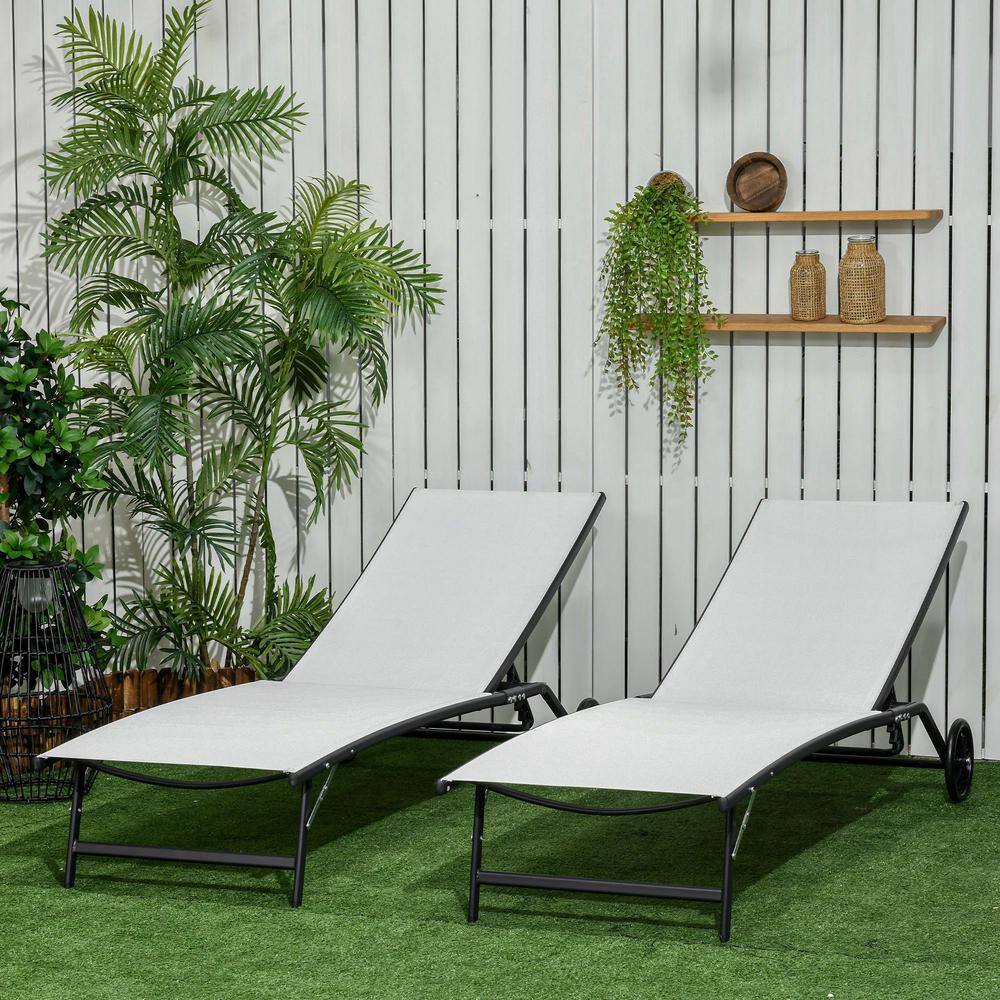 2-Piece Cream White Fabric Outdoor Chaise Lounge Chair with Wheels Tanning 