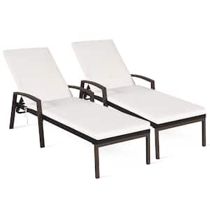 2-Piece Wicker Outdoor Recliner Patio Rattan Lounge Furniture with White Cushion