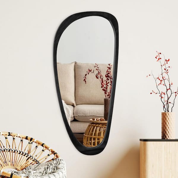 Sxiawe 22 in. W x 48 in. H Large Irregular Black Natural Wood Frame Wall Mirror Asymmetric Mirror